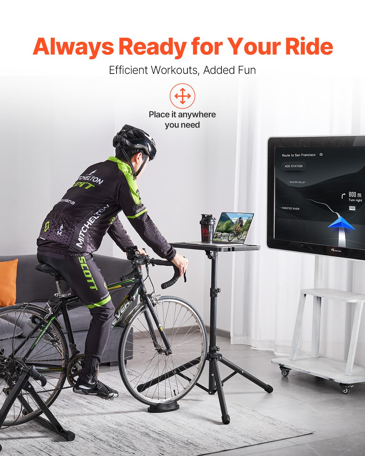VEVOR Cycling Desk, Foldable Bike Desk & Treadmill Desk with Triangle Support, Non-Slip Multi-Slot Bike Trainer Fitness Desk with Handle Bar, Fit for Home Office Exercise