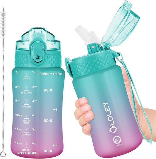 OLDLEY Kids Water Bottle for School, 12 oz (Straw Lid) BPA-Free Reusable Leak-proof Durable Tritan Plastic Water Bottles with One-handed Opening Straw Lids, Anti-dust Spout Cover (Tulips)