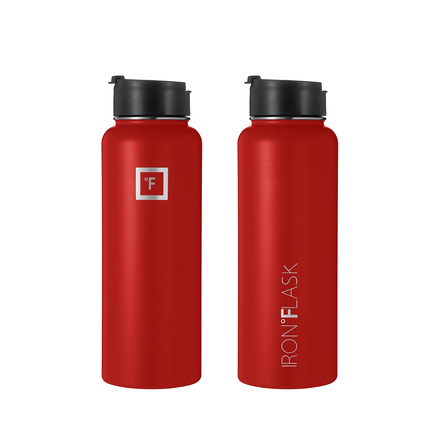IRON °FLASK Camping & Hiking Hydration Flask, Wide Mouth, 3 Straw Lids, Stainless Steel Outdoor Water Bottle, Double Walled, Insulated Thermos, Metal Canteen - Fire Red, 14 Oz