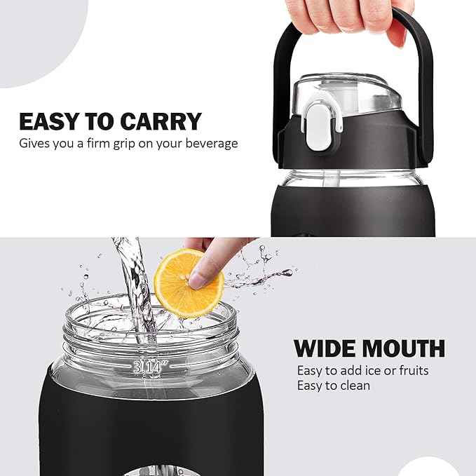 kytffu 56oz Glass Water Bottles with Straw, Motivational Glass Bottle with Silicone Sleeve and Time Marker, Leakproof Large Glass Water Jug for Gym Home Office, Black.