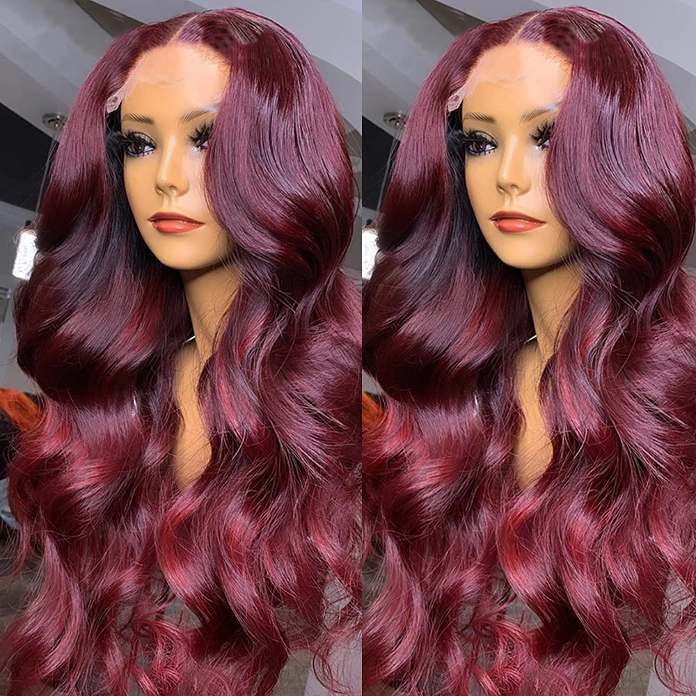 ANDRIA lace front wigs Glueless Lace Wig Long Loose Wave Synthetic Heat Resistant Fiber Wig With Baby Hair Long Curly Colorful Burgundy Wine Red Colored lace front wig for Black Women 99j Wig 24 Inch
