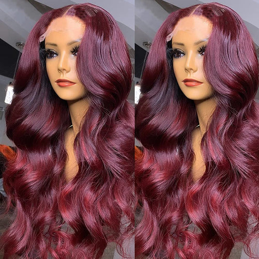 ANDRIA lace front wigs Glueless Lace Wig Long Loose Wave Synthetic Heat Resistant Fiber Wig With Baby Hair Long Curly Colorful Burgundy Wine Red Colored lace front wig for Black Women 99j Wig 24 Inch