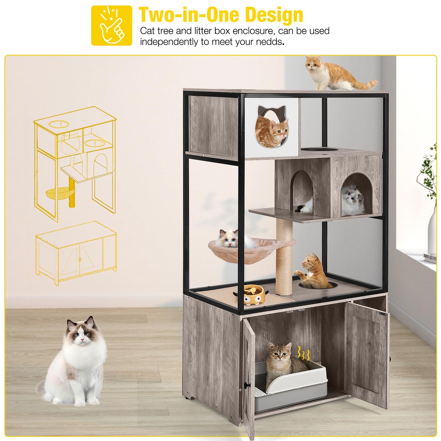 Aivituvin Cat Litter Box Enclosure, Litter Box Furniture Hidden, Wooden Cat Washroom Furniture, Indoor Cats House with Condo, Hammock, Scratching Mat and Storage Shelves-Greige