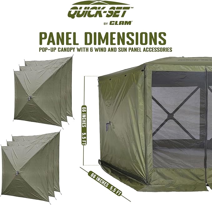 CLAM Quick-Set Escape 11.5 x 11.5 Ft Portable Pop-Up Outdoor Camping Screen Tent 6-Sided Canopy Shelter w/Carry Bag & 6 Sun and Wind Panels, Green