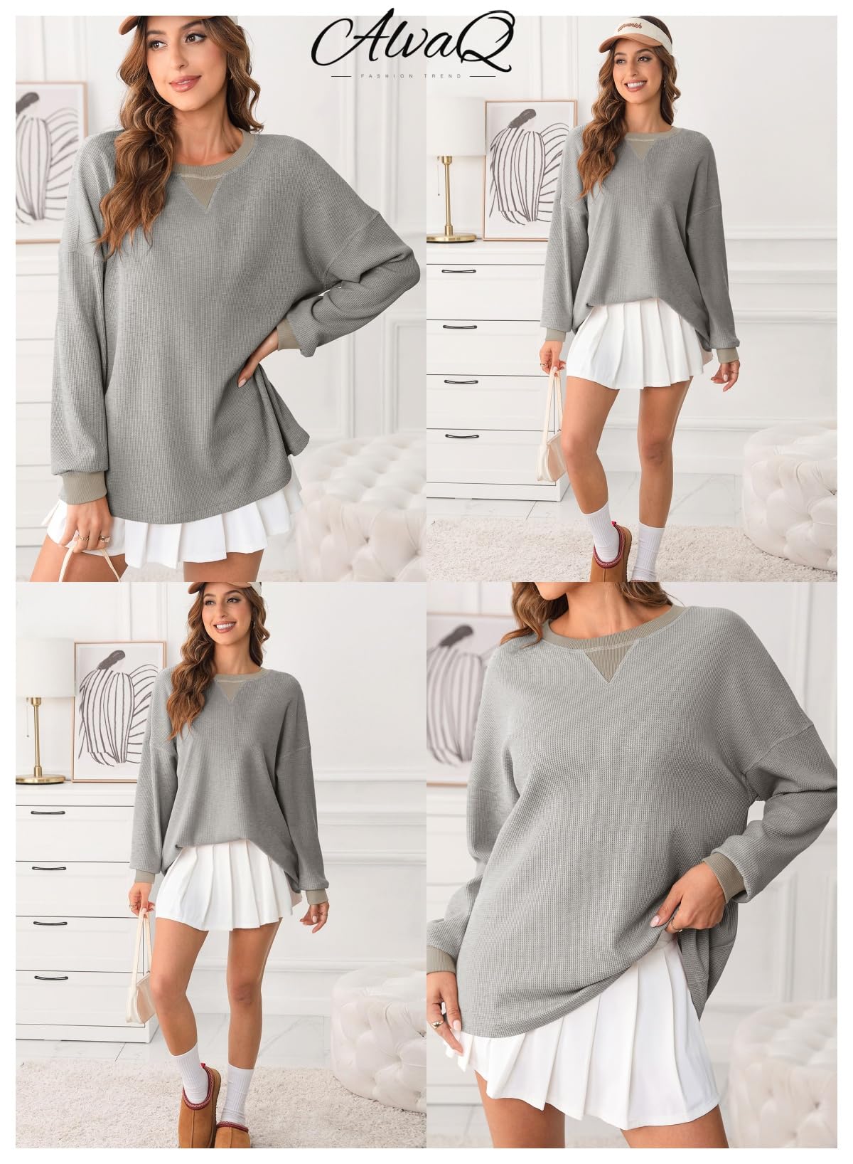 AlvaQ Women Sweatshirt 2024 Casual Long Sleeve Drop Shoulder Waffle Knit Overszied Sweatshirts Pullover Tunic Tops Fall Clothes Grey X-Large