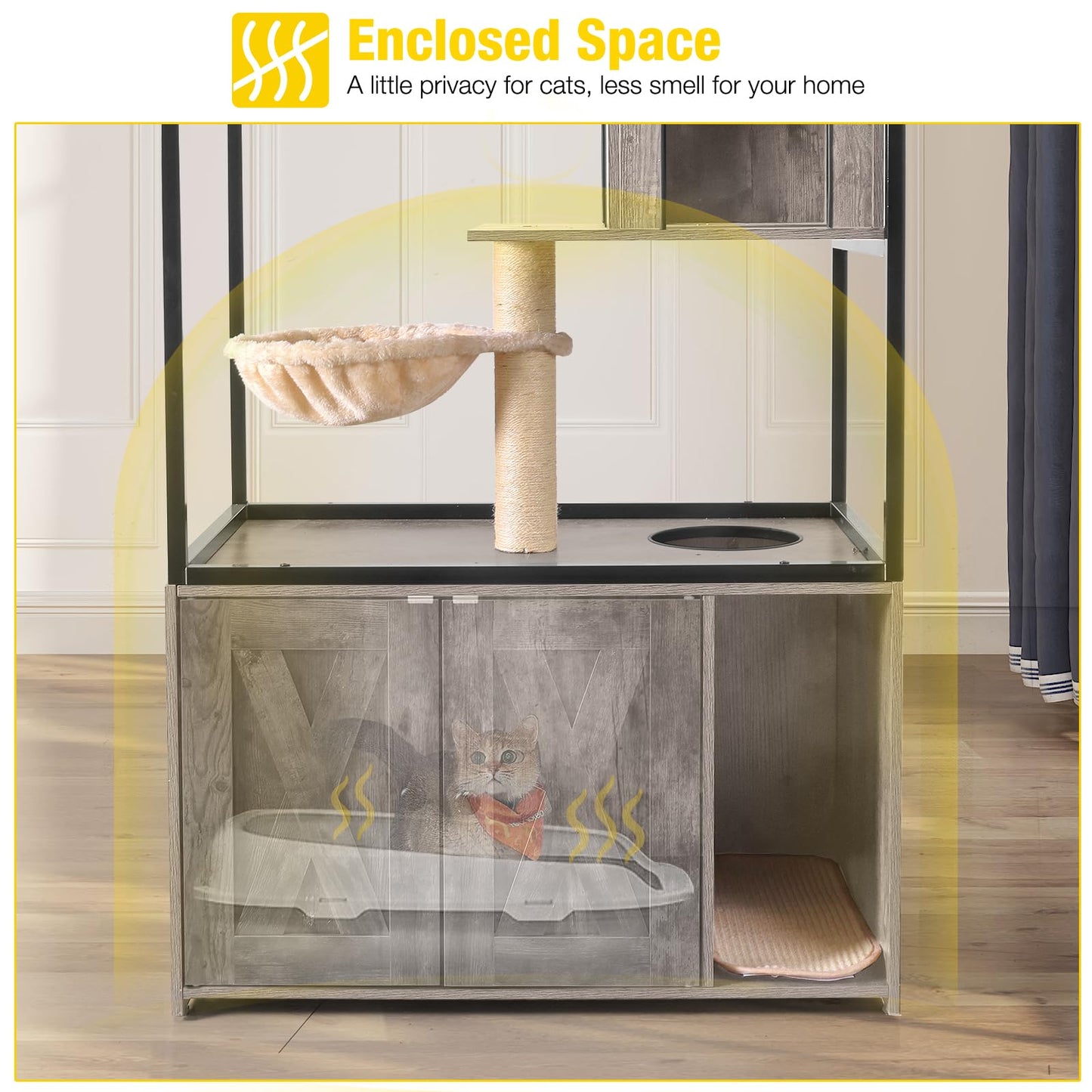 Aivituvin Cat Litter Box Enclosure, Litter Box Furniture Hidden, Wooden Cat Washroom Furniture, Indoor Cats House with Condo, Hammock, Scratching Mat and Storage Shelves-Greige