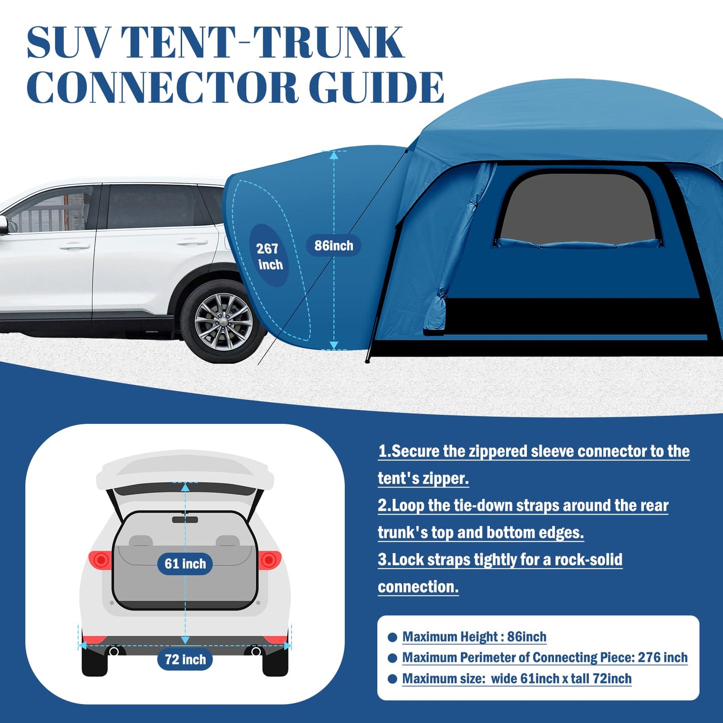 Qualencey SUV Tent, Dual Mode (Party & Privacy), Heavy-Duty Oxford Fabric, Sturdy Metal Frame, Quick Connect Setup for SUV/Jeep/Truck with Cap, All-Season Waterproof Camping Shelter (Blue)
