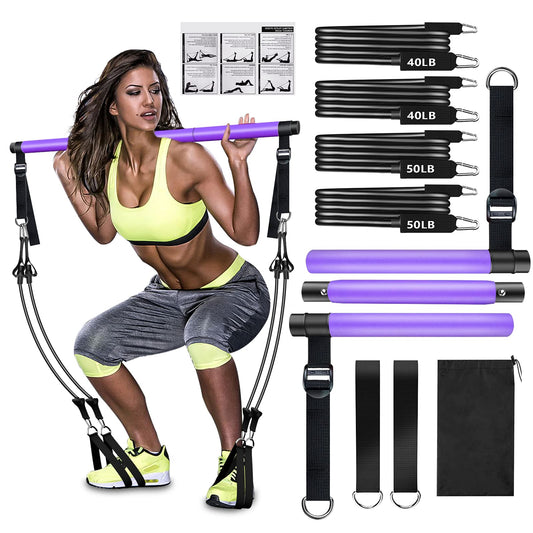 Pilates Bar Kit with Resistance Bands, Adjustable 3-Section Pilates Bar with Stackable Bands Workout Equipment for Legs,Hip,Waist and Arm Full Body Workouts Pilates (Purple(Adjustable,40/50lbs)