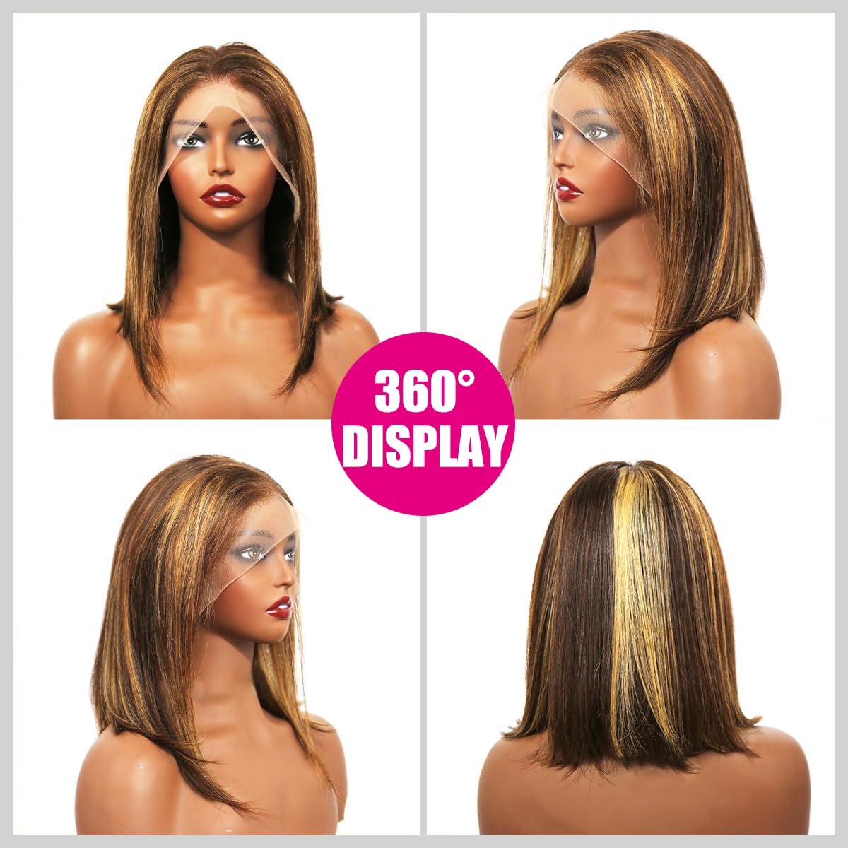 10 Inch Highlight Ombre Lace Front Wig Human Hair Glueless Bob Wigs Human Hair Pre Plucked, 4/27 Highlighted Honey Blonde HD Lace Front Wigs Human Hair Wigs For Black Women 180 Density