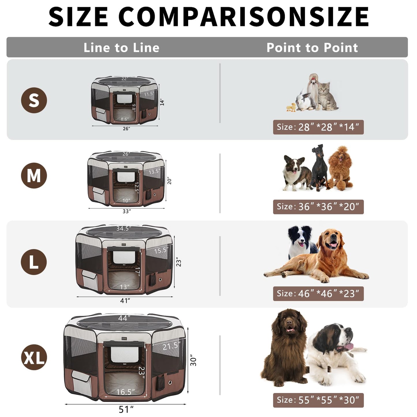 DONORO Dog Playpen 46" Portable Pet Play Pens for Small Medium Dogs, Foldable Exercise Kennel Tent Crate Indoor/Outdoor Travel Camping, Removable Top/Bottom (Brown, Large (46"x46"x23"), 8)