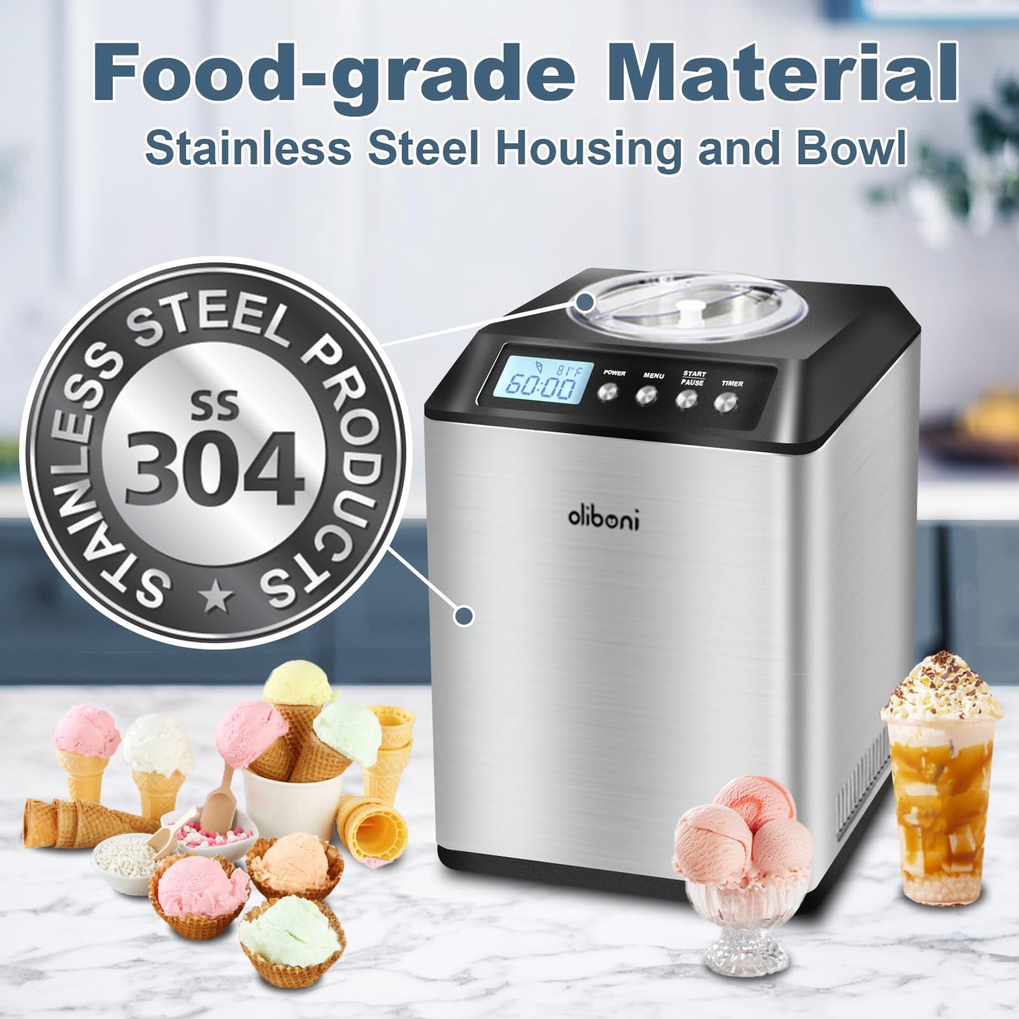 2.6 Qt Ice Cream Maker with Compressor, LCD Digital Display & Timer, No Pre-freezing, Countertop Gelato Makers, Automatic Ice Cream Machine for Homemade Use, Stainless Steel, 10-year Repair Service