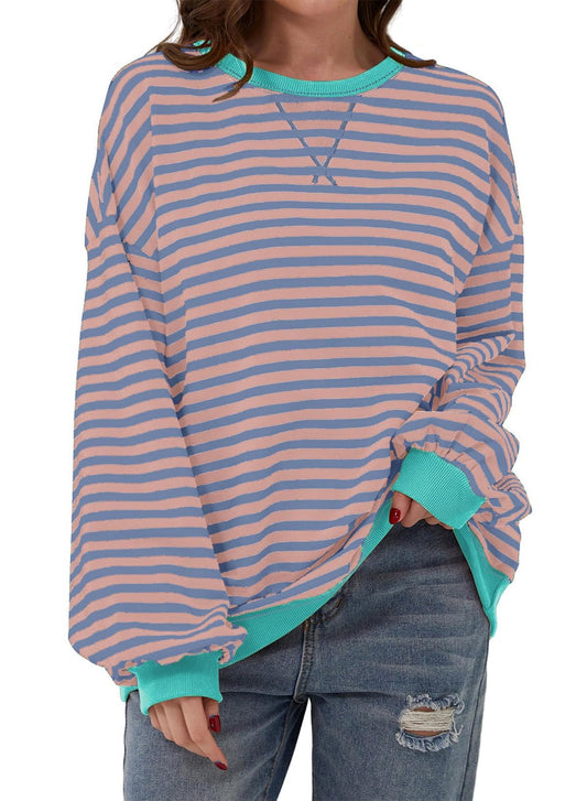 AlvaQ Oversized Sweatshirt for Women Fall Winter 2024 Outfits Crew Neck Pullover Tunic Striped Sweatshirts Long Sleeve Tops Y2K Clothes Purple Large