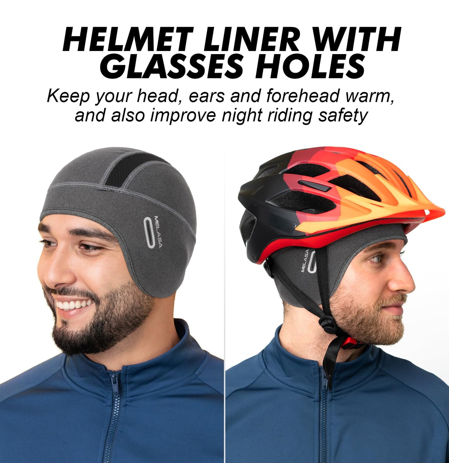 MELASA Thermal Fleece Skull Cap Beanie with Glasses Holes, Ear Warmer Helmet Liner, Winter Cycling Bike Hat for Men Women Grey