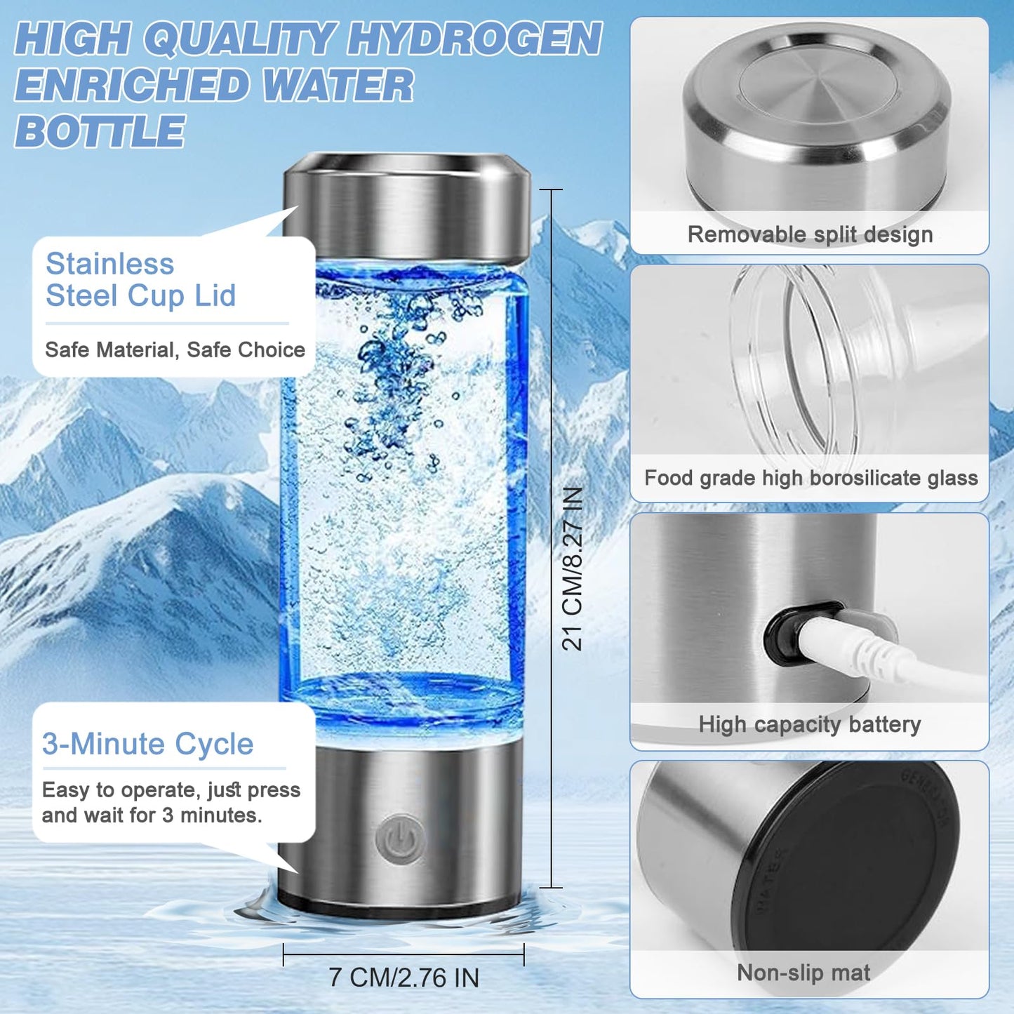 YTYOMUR 2025 New Hydrogen Water Bottle, Rechargeable Hydrogen-Rich Water Generator Machine with SPE PEM Technology,for Home Office Travel Fitness Drinking, Portable, Glass, Stainless Steel, 450ml