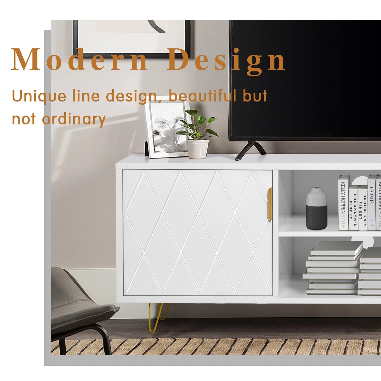 Anbuy White TV Stand for Bedroom Entertainment Center Wood up to 55 inch Large TV Console Media Cabinet with 2 Storage Cabinet and Shelves Home Support TV Up to 65 inch Stand for Living Room (White)