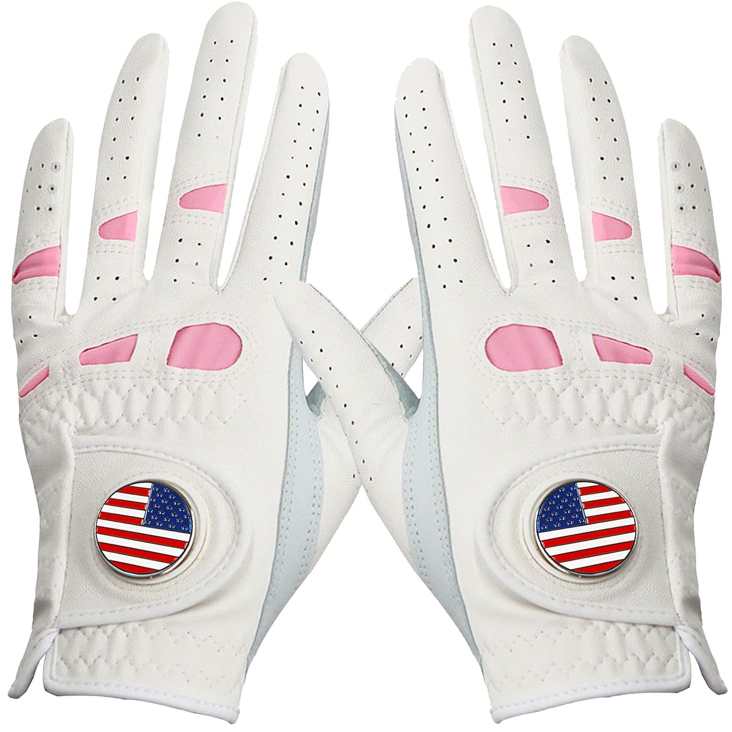 Amy Sport Women's Golf Gloves Left Hand Right with Ball Marker Value 2 Pack, All Weather Grip Rain Soft Leather Pink Size Small Medium Large XL (1 Pair, Small)