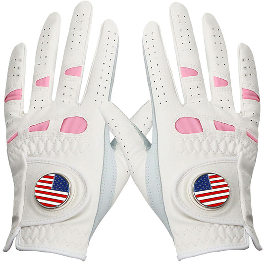 Amy Sport Women's Golf Gloves Left Hand Right with Ball Marker Value 2 Pack, All Weather Grip Rain Soft Leather Pink Size Small Medium Large XL (1 Pair, Small)