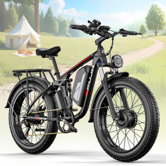 PUJH Electric Bike for Adults 5000W Dual Motors 60V 25Ah 24'' Fat Tire Fast Up to 45mph 35-100 Mileage Full Suspension Hydraulic Brake Class 3 Off-Road Mountain AWD Hunting Ebike for Men Women Black
