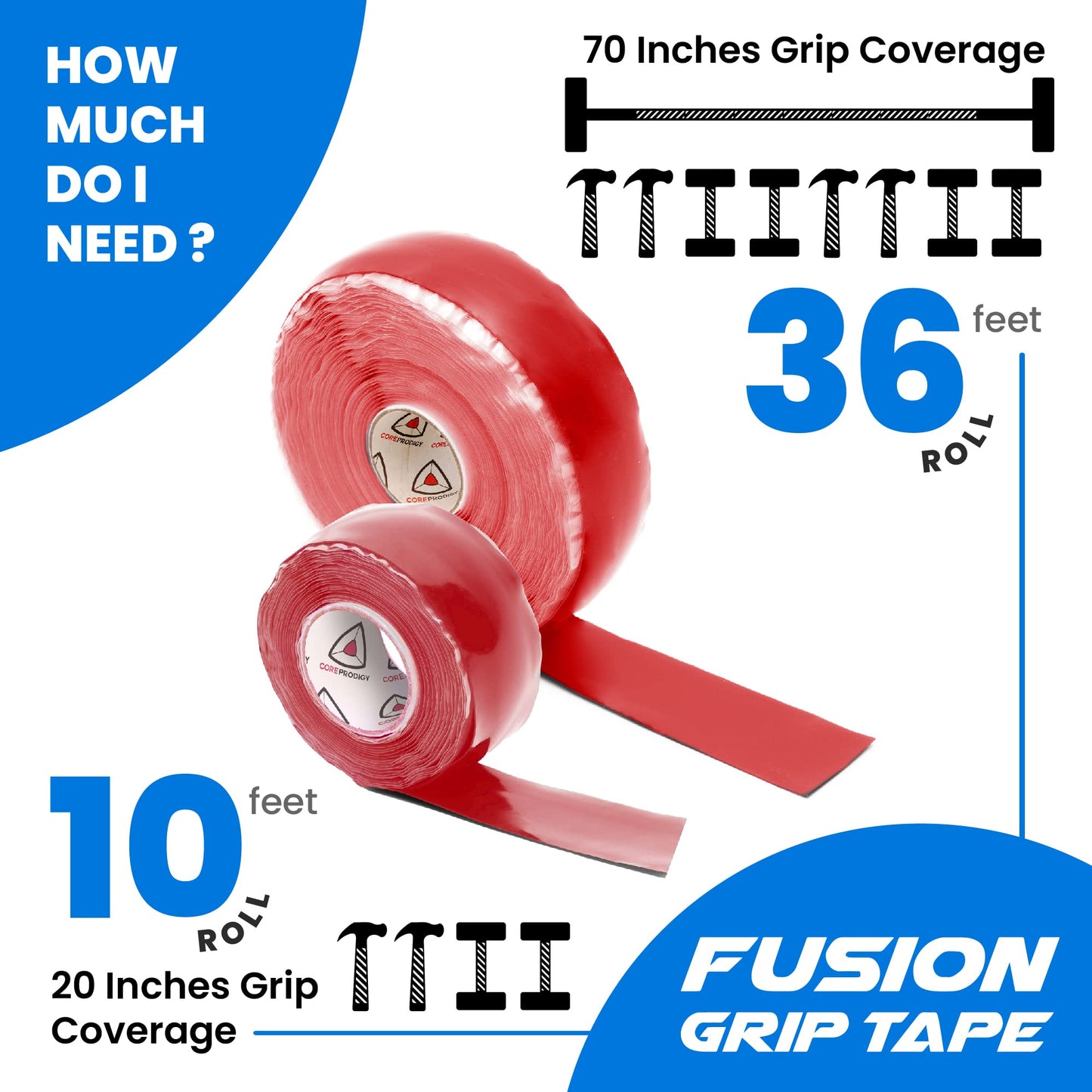 Core Prodigy Fusion Grip Tape - Silicone Rubber Wrap for Pull Up Bars, Barbells, Dumbbells, Sports and Gym Equipment, Weights and Tool Handles (36 Foot, Red)
