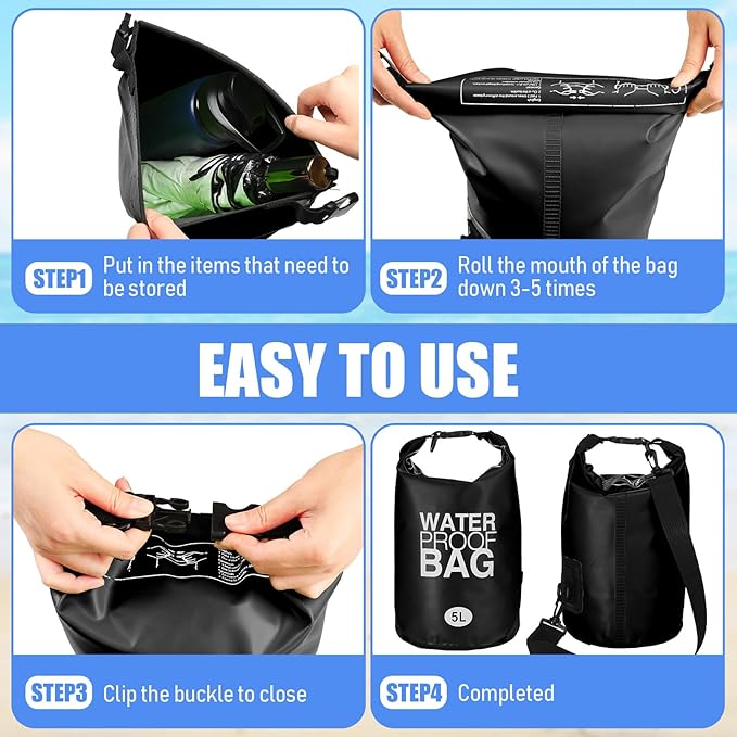 Jexine 10 Pack Dry Bag Waterproof, 5L Ultralight Dry Sacks Roll Top Storage Bag Backpack Camping Portable Outdoor Bags Keep Gear for Backpacking Kayaking Hiking Swimming Fishing Boating(Black)