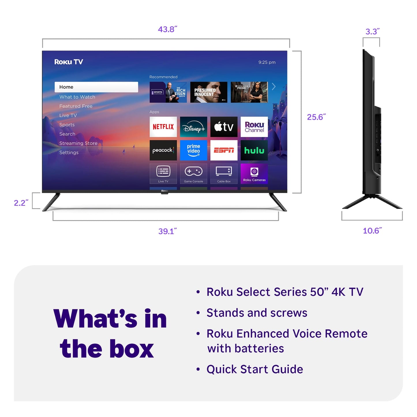 Roku Smart TV 2025 – 50-Inch Select Series, 4K HDR TV – RokuTV with Enhanced Voice Remote – Flat Screen LED Television with Wi-Fi for Streaming Live Local News, Sports, Family Entertainment