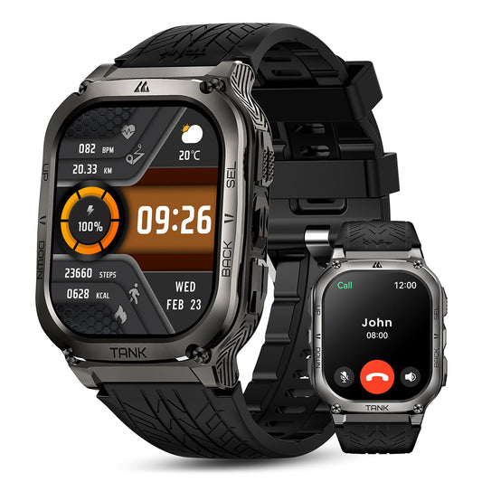 AMAZTIM Smart Watch, 60 Days Extra-Long Battery, 50M Waterproof, Rugged Military Bluetooth Call(Answer/Dial Calls), 2.0" Ultra Large HD Display, AI Voice Assistant (Shiny Black)