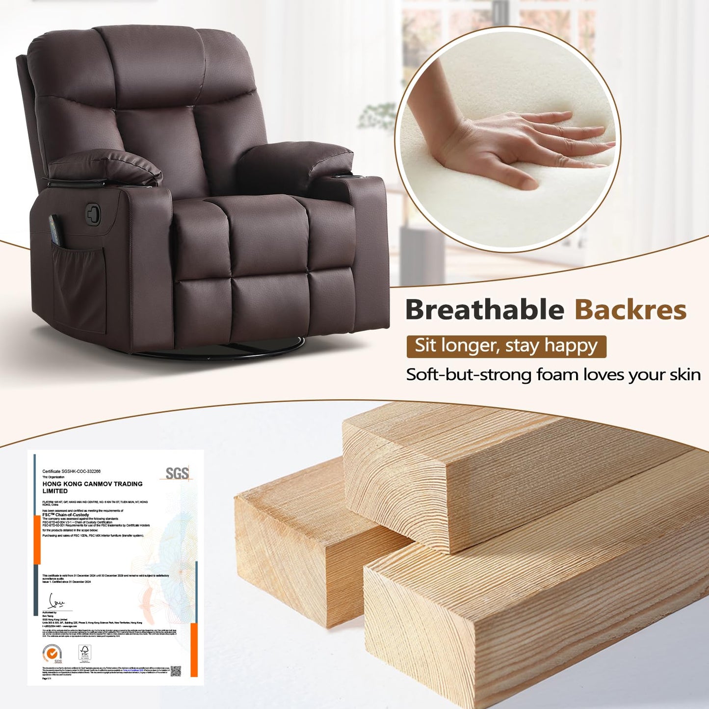 ANJ Swivel Rocker Recliner Chair Set of 2, Brown PU Leather, Manual 3-Position Reclining with Massage & Heat, Cup Holders for Living Room