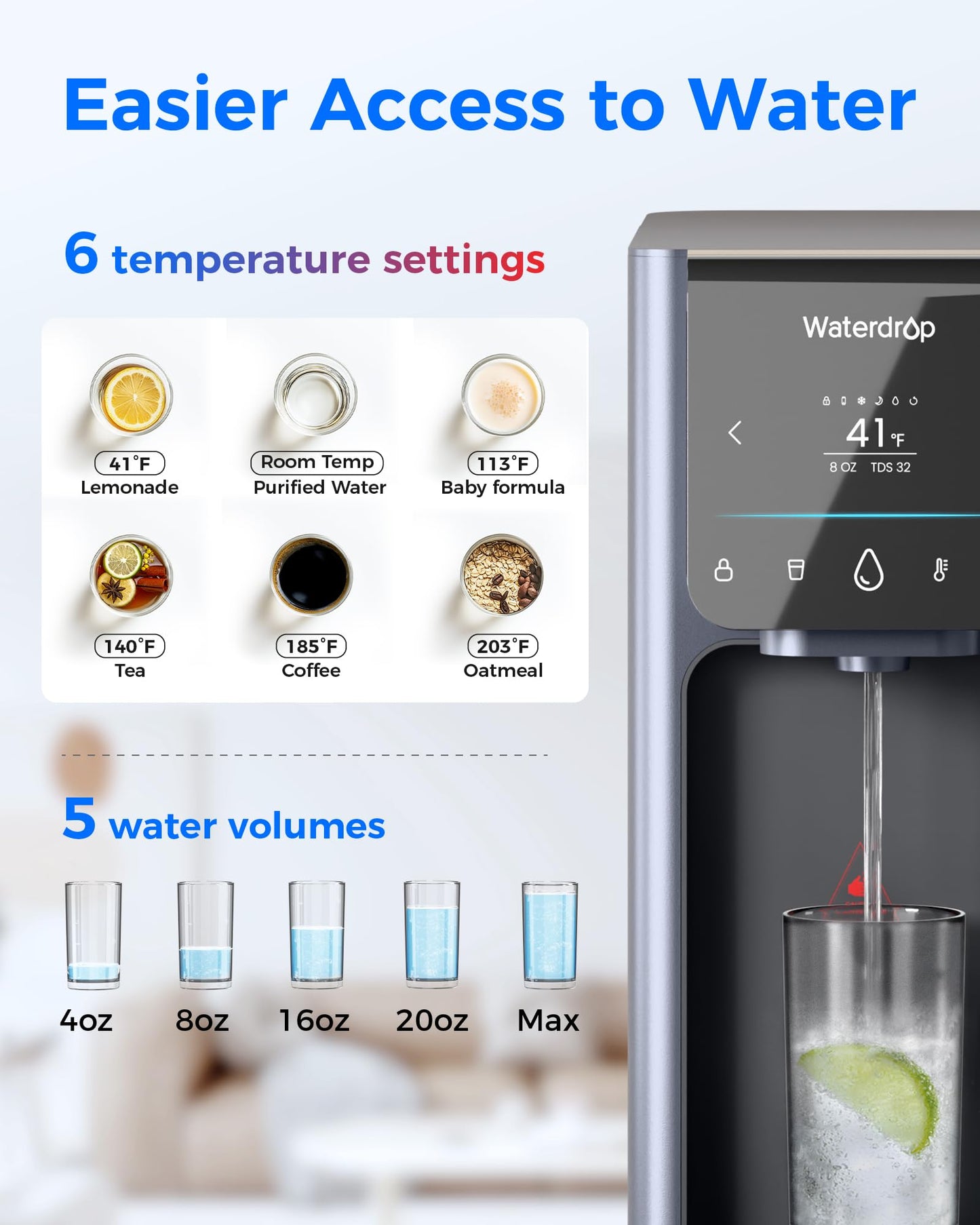 Waterdrop WD-A1 Countertop Reverse Osmosis System, Hot Cold & Room Water Dispenser, NSF/ANSI 58 Standard, 2:1 Pure to Drain, No Installation
