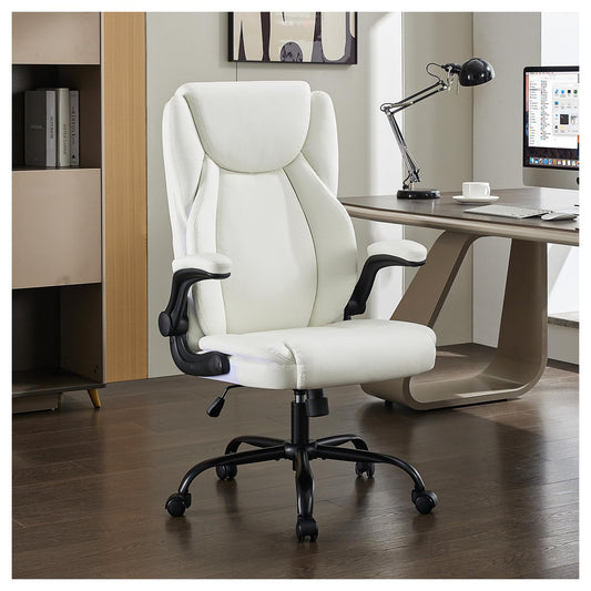 amseatec Office Chair, Big and Tall 400 Lbs Ergonomic Home Computer Desk Leather Chair with Padded Flip Arms, Adjustable Tilt Lock, Double Lumbar Support, Swivel Chair for Working & Study (White)