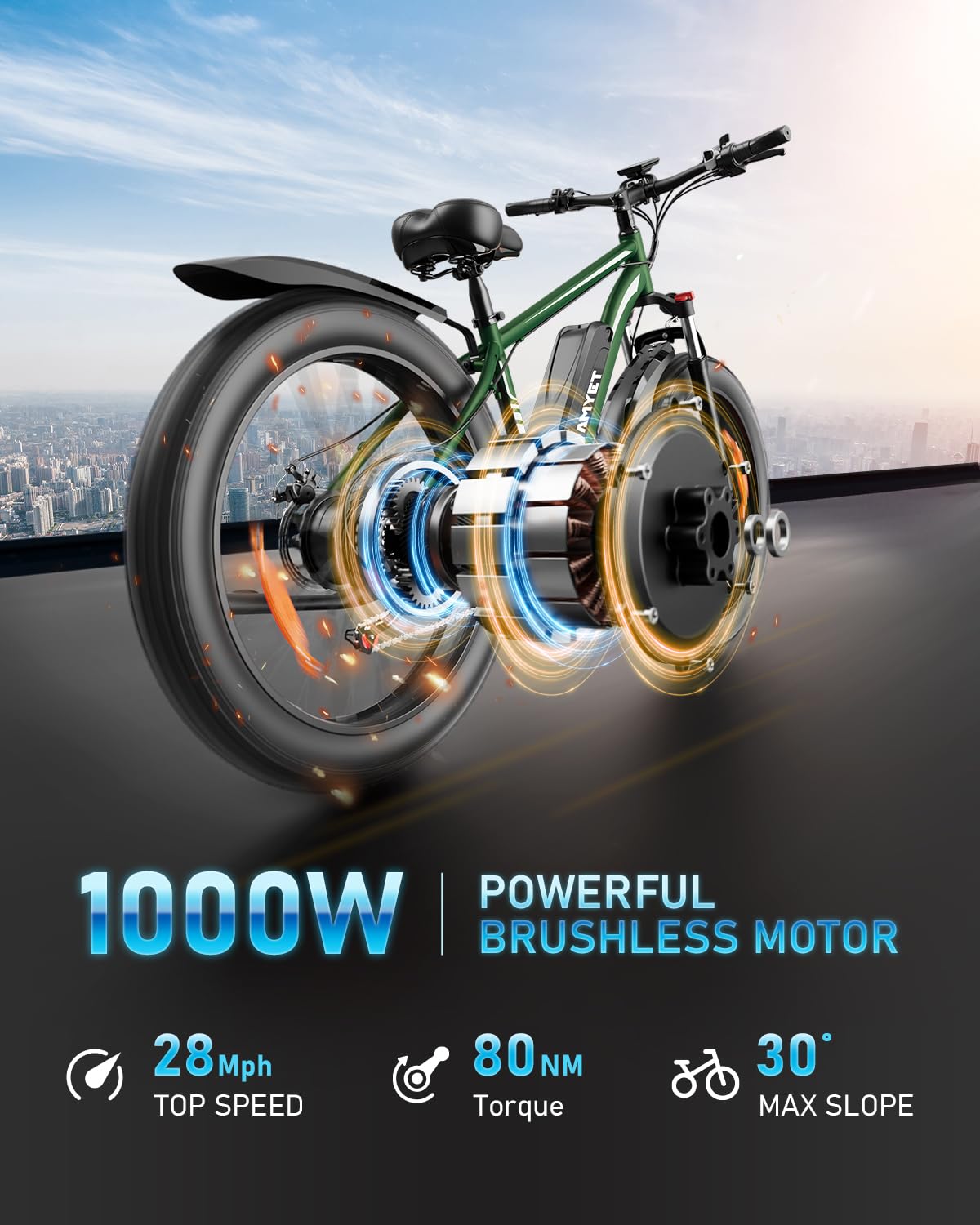AMYET EB26 Electric Bike for Adults Peak 1500W Electric Bicycle 48V 15AH (720WH) Battery Electric Bike 26" Fat Tire Mountain 28mph 7 Speed Gears Dual Shock Absorber Front Fork Ebike (Green)