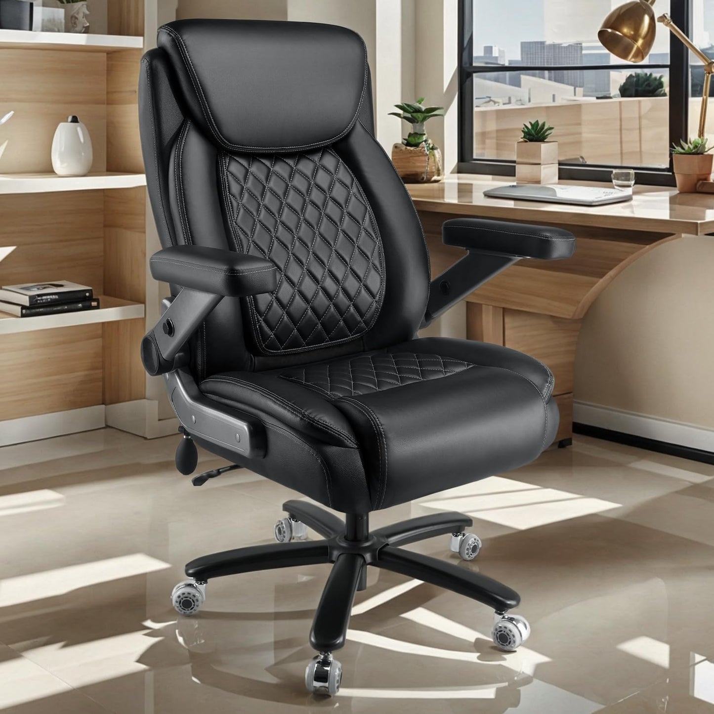 600LBS Large Heavy Duty Office Chair with 5D Flip Arms, Big and Tall Office Chair with Pocket Spring Cushion, High Back Computer Execuitve Desk Chair with Adjustable Lumbar Support,Dual Rubber Wheel