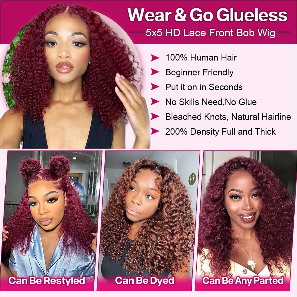 Ailwelia 99j Burgundy Wear And Go Glueless Wigs Bob Wigs For Black Women Deep Wave Bob Wig Human Hair 5x5 Hd Lace Closure Wigs Human Hair Curly Bob Wig Human Hair Preplucked 200 Density 12 Inch