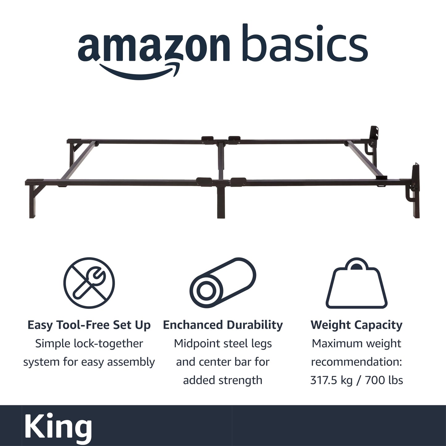 Amazon Basics Metal Bed Frame, 9-Leg Base for Box Spring and Mattress, King, Tool-Free Easy Assembly, Black