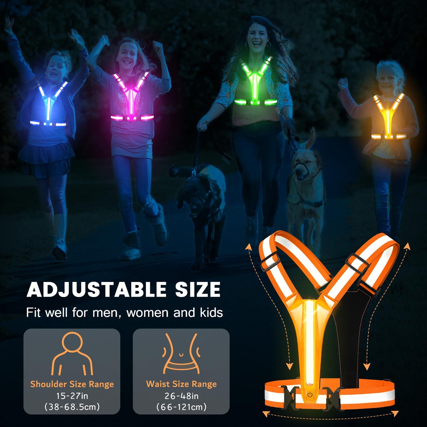 Fokia Kunbio LED Reflective Running Vest Gear,Light Up Vest Runners Night Walking USB Rechargeable,Up to 11hrs Light with Adjustable Waist/Shoulder for Women Men Kids (Orange)
