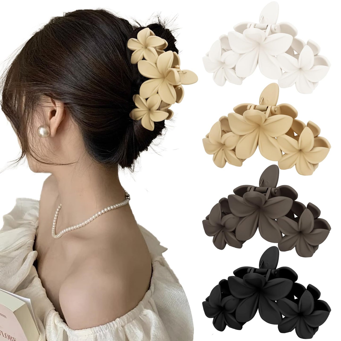 ANBALA Matte Flower Hair Accessories - 4PCS Large Plumeria Hawaiian Hair Clips with Strong Hold for Women, Non-Slip and Cute