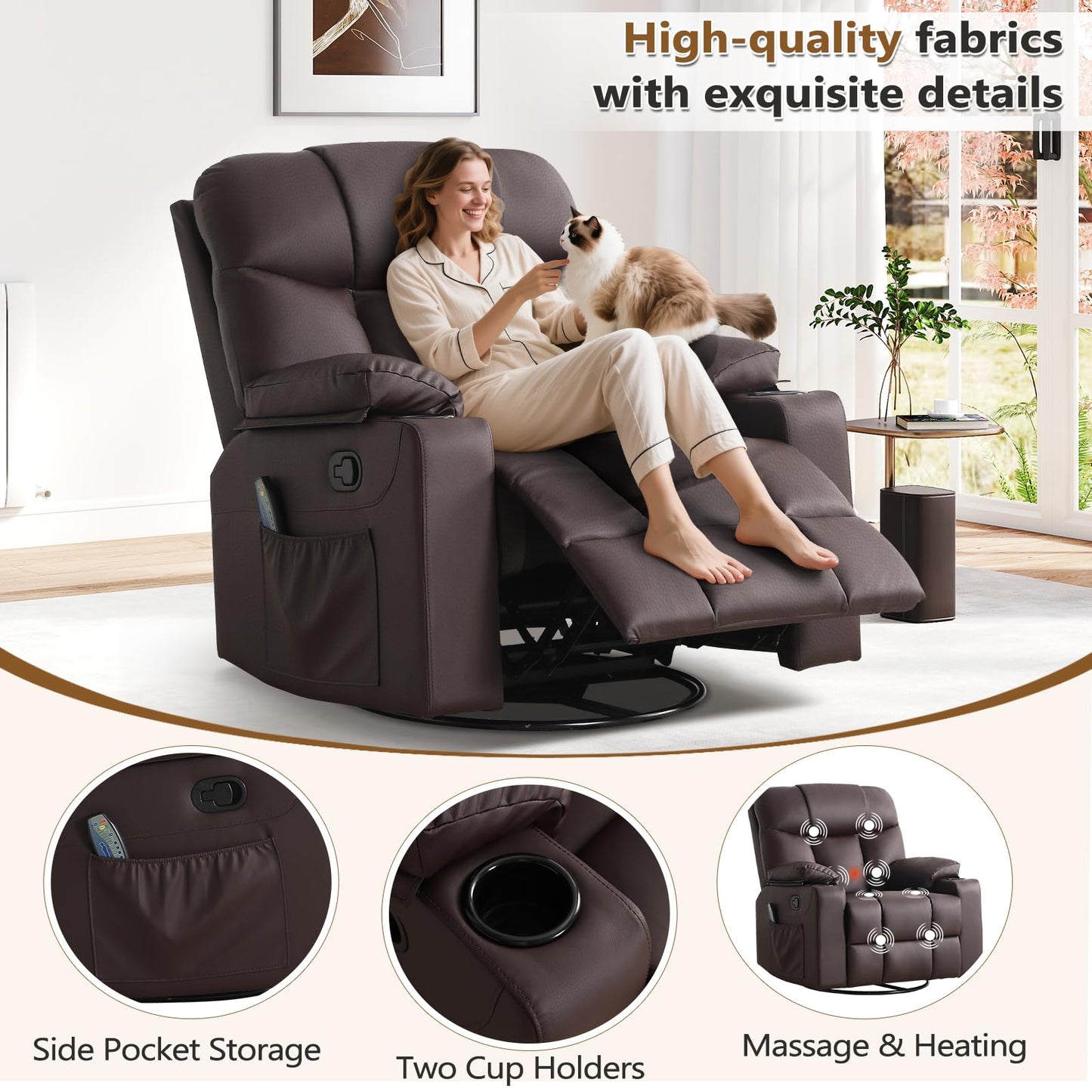 ANJ Swivel Rocker Recliner Chair Set of 2, Brown PU Leather, Manual 3-Position Reclining with Massage & Heat, Cup Holders for Living Room