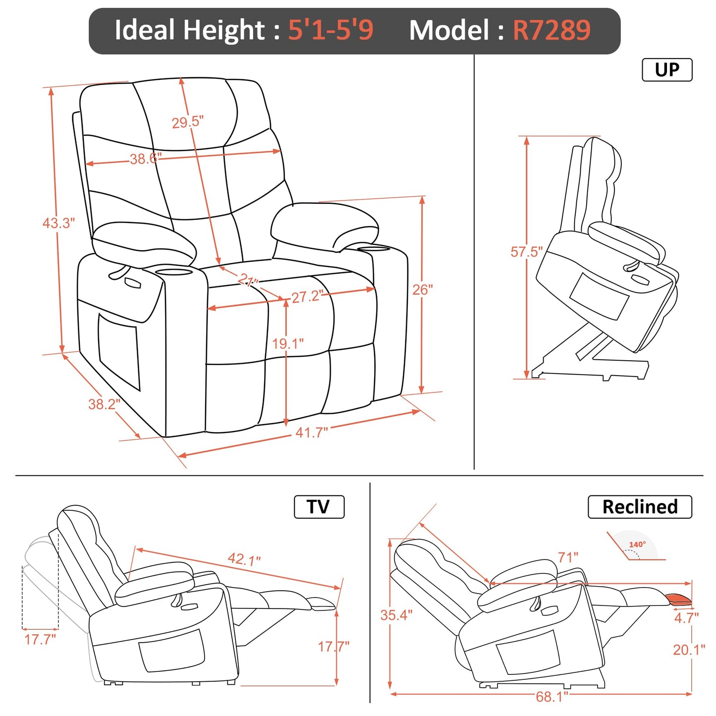 MCombo Oversized Power Lift Recliner Chair with Extended Footrest for Elderly People, Faux Leather R7289 (Dark Brown, Oversize)