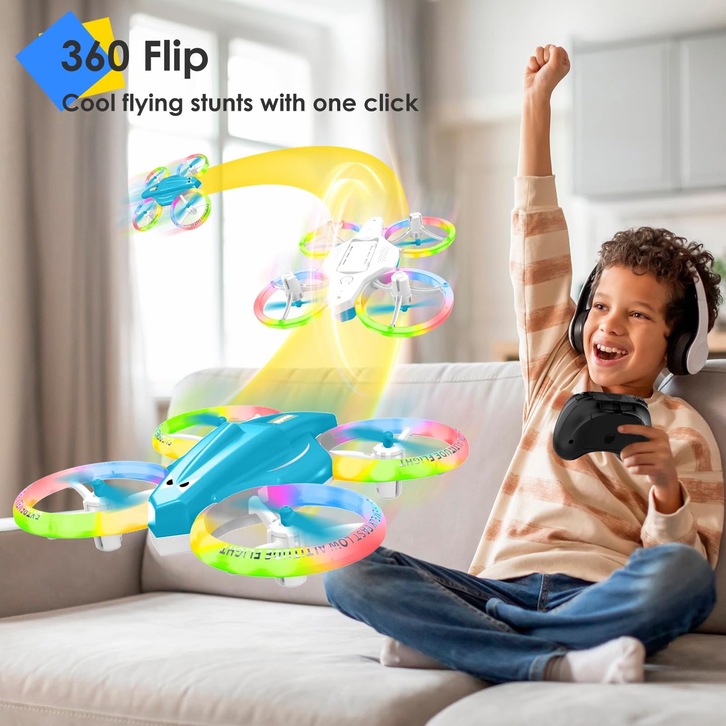 Lisoco Drone, Mini Drone for Kid and Beginner with Led Light, Small Indoor Rc Drone with 360 Flip, 2 Batteries, One Key Take Off Landing, Kids Flying Toy Gift for Boy and Girl（Light Blue)