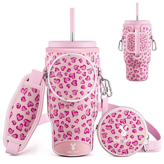 Meoky Water Bottle Carrier Bag with Phone Pocket for 40 oz Tumbler with Handle, Neoprene Water Bottle Holder Pouch with Adjustable Strap, 2 Carabiner Clips (Love)