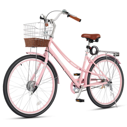 Viribus Beach Cruiser Bike for Women, Step Through Bike with Ratten Basket, Rack & Lock, 24 inch 1 Speed, City Commuter Cruiser Bike, Adult Bicycle for Short Ladies Female Seniors 330 lb. Pink