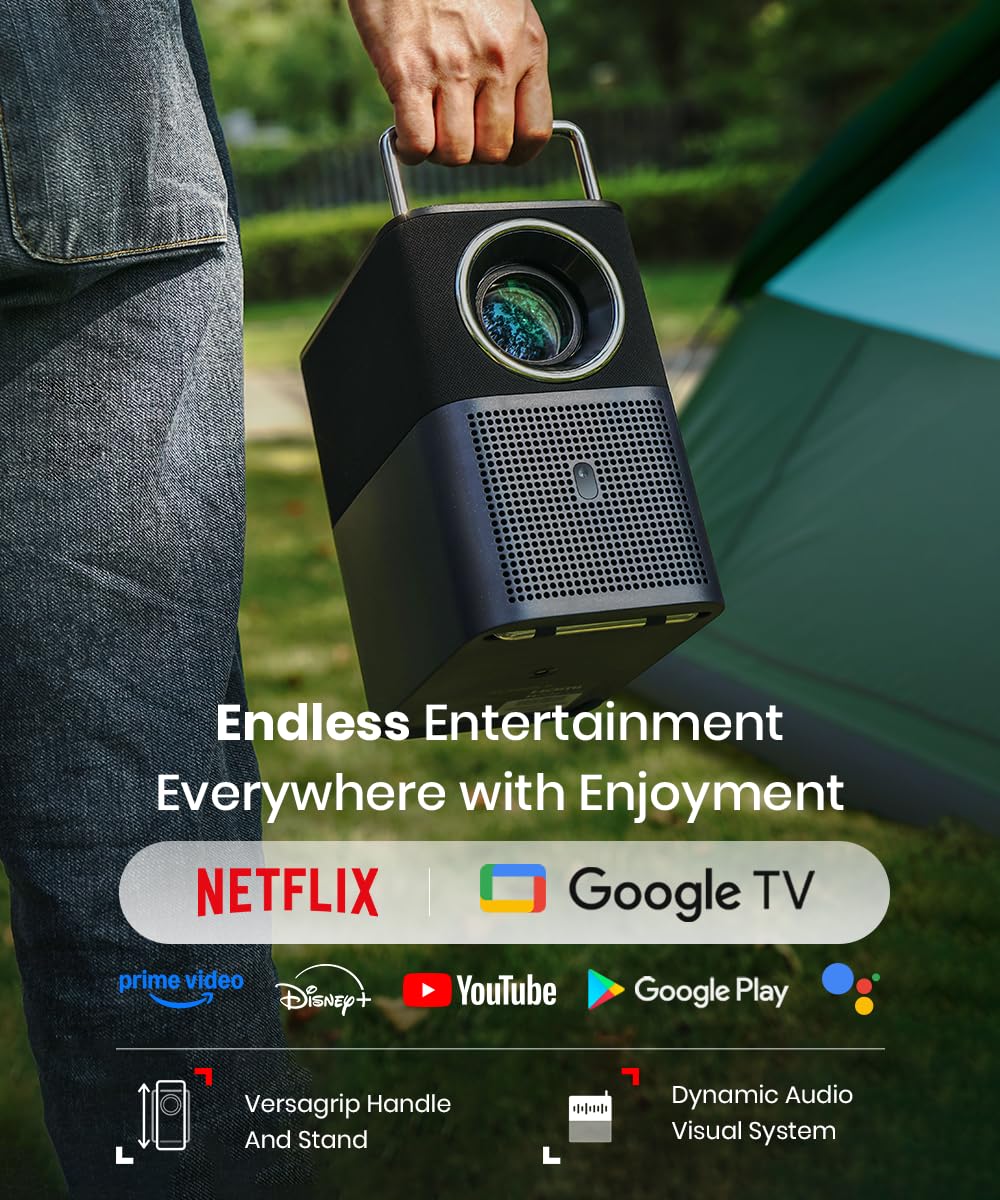 TCL A1 GTV Projector with Official Netflix Licensed, 1080P Portable Outdoor Movie Projector, 360 ISO Lumens, 4K Supported Bluetooth WiFi Projector, 120" Screen, Auto Focus, Dolby Digital, 16W Speaker