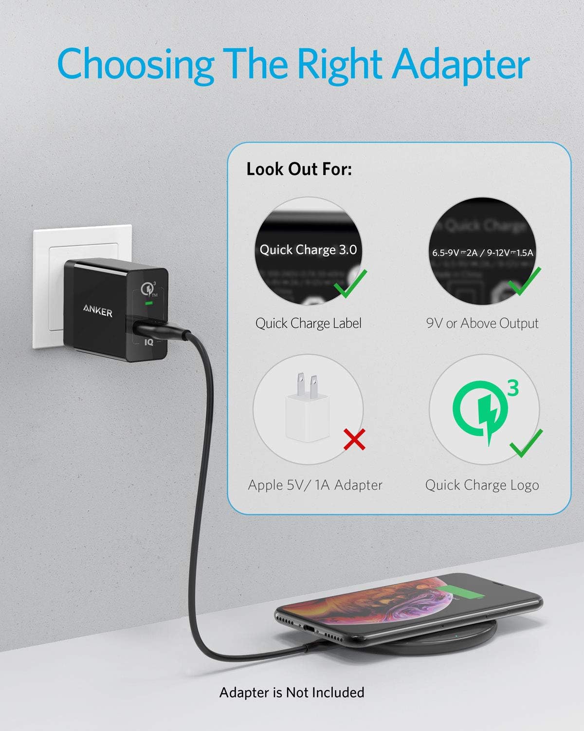 Anker 313 Wireless Charger (Pad), Qi-Certified, 10W Max Fast Charging for Samsung, Compatible with iPhone 16 Plus/15 Plus/14 Plus/12, AirPods (No AC Adapter, Not MagSafe Magnetic Charging Compatible)