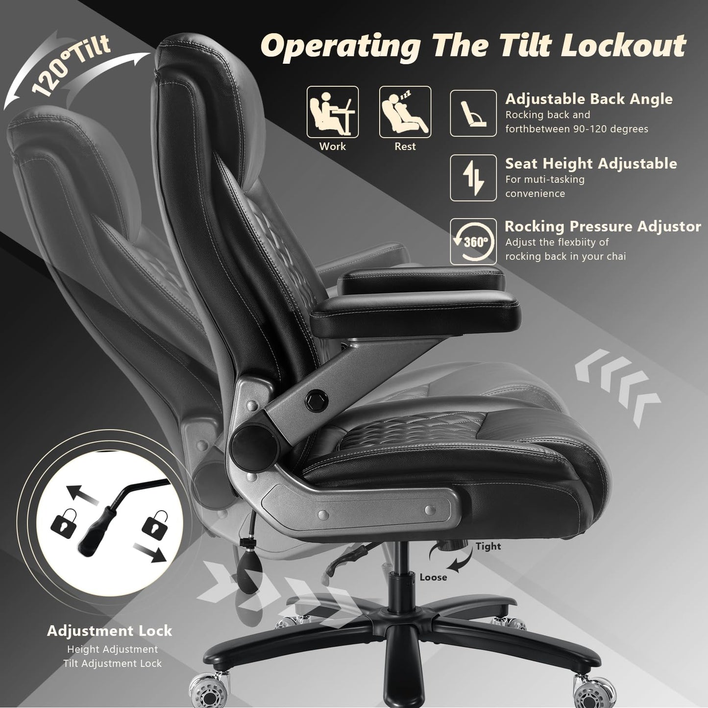 600LBS Large Heavy Duty Office Chair with 5D Flip Arms, Big and Tall Office Chair with Pocket Spring Cushion, High Back Computer Execuitve Desk Chair with Adjustable Lumbar Support,Dual Rubber Wheel