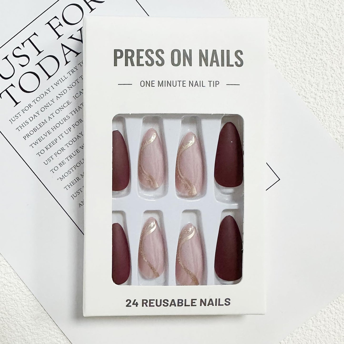 Almond Press on Nails Medium Fake Nails with Designs Marble Texture False Nails Press ons Reddish Brown Matte Glue on Nails Acrylic Full Cover Nails Cute Artificial Stick on Nails for Women 24PCS