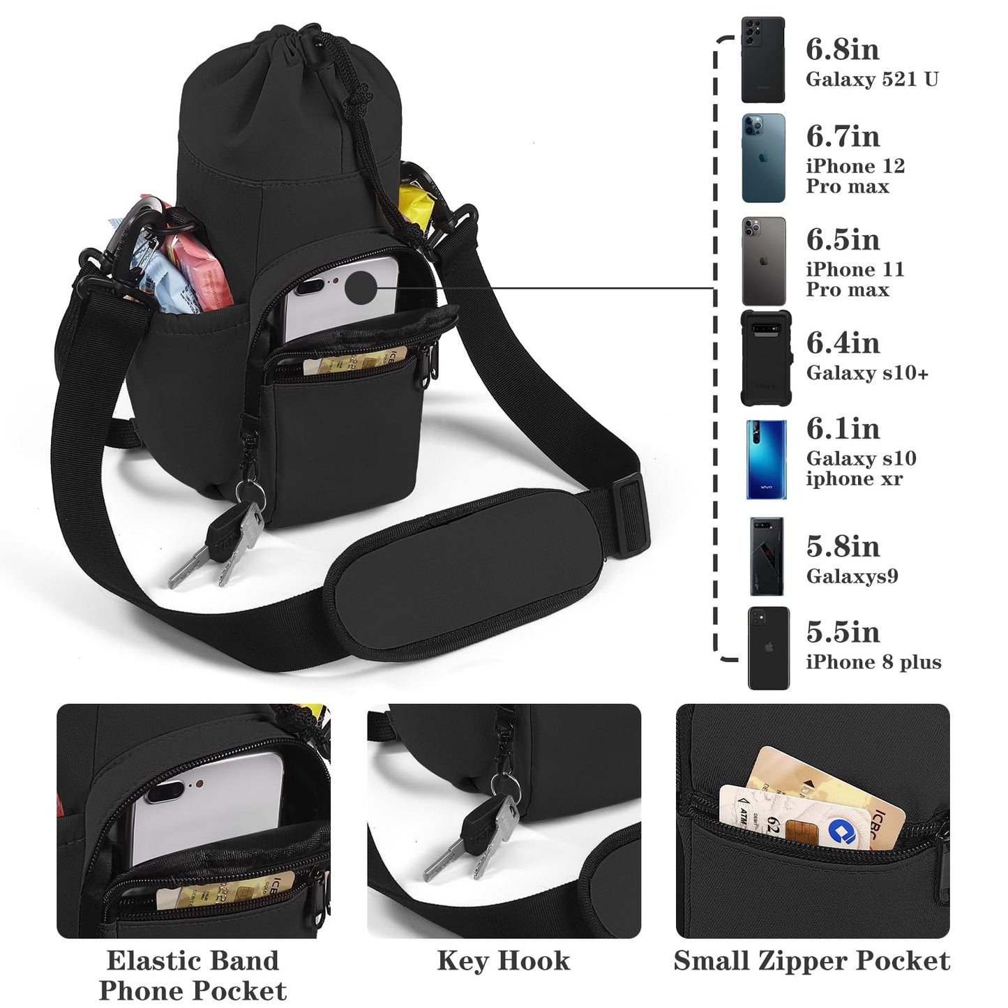 FCQQYWZ Half Gallon Water Bottle Sling Bag Case,64/87oz Insulated Crossbody Water Bottle Pouch Holder Sleeve for Walking with Strap and Pockets for Men/Women Walking Hiking Camping Travel (Balck)