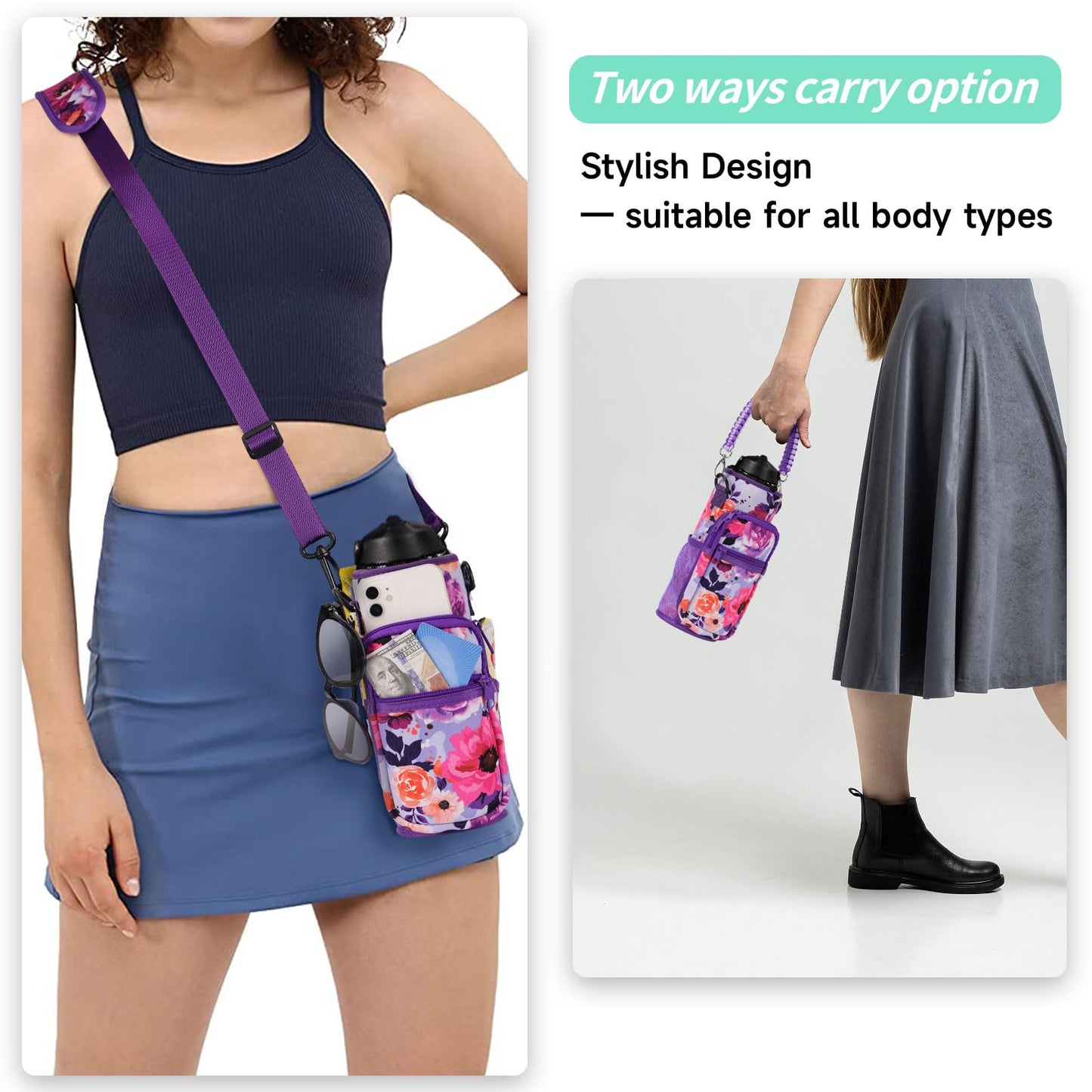 AceTreker 32 oz 40 oz Water Bottle Sleeve with 4 Pocket, Neoprene Water Bottle Carrier Bag with Strap & Paracord Handle, Metal Steel Water Flask Sling Pouch Holder for Walking Hiking-Purple Rose