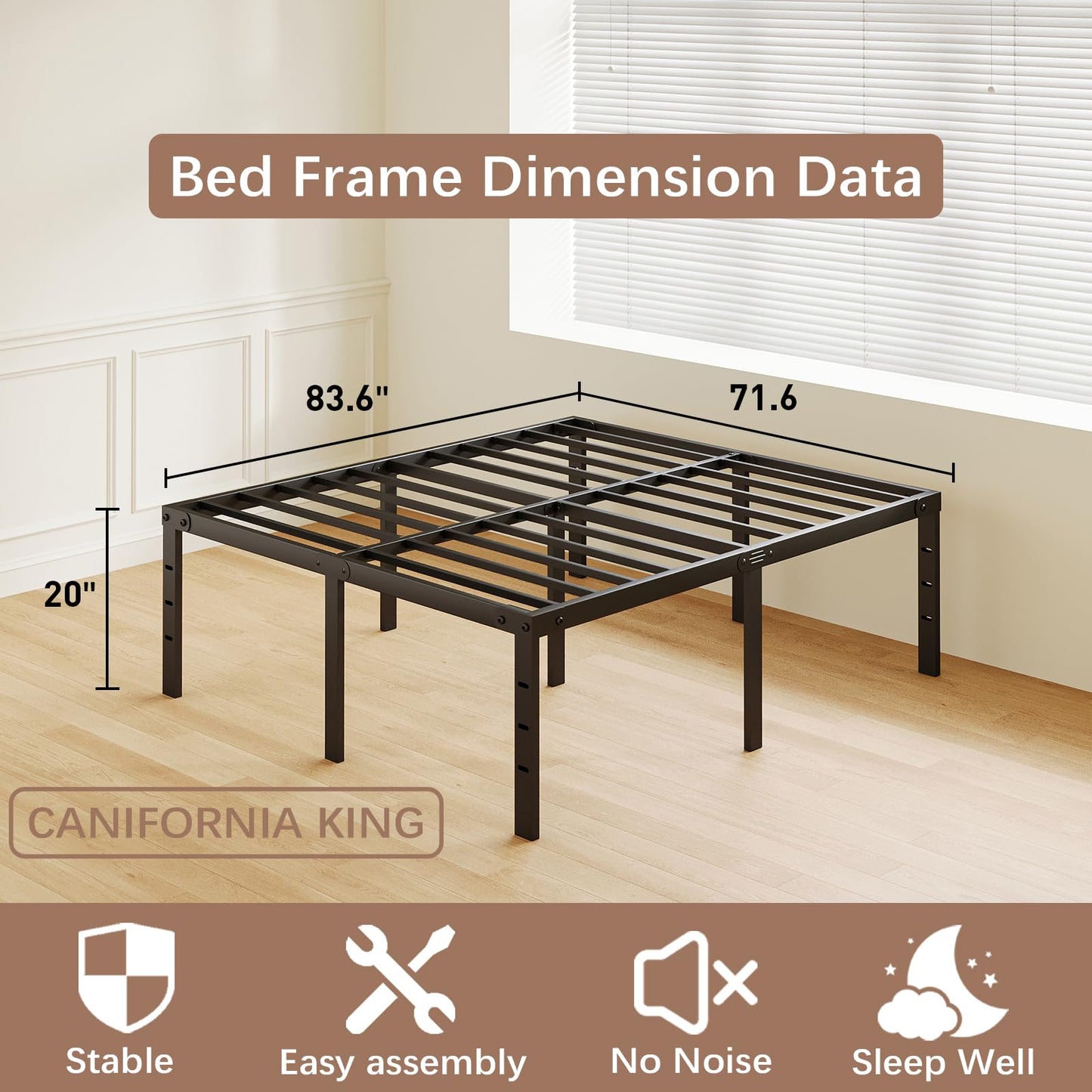 AGXI 20 Inch California King Bed Frames Heavy Duty Tall Metal Cal King Platform with Large Storage Space, Easy Assembly Strong Bearing Capacity, Noise Free