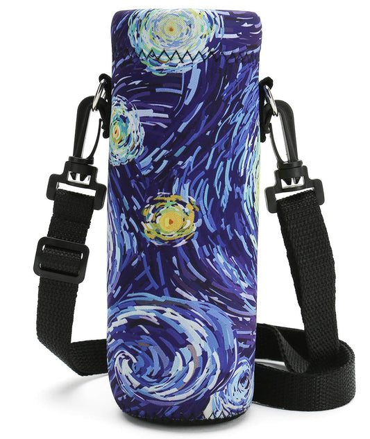 RICHEN Neoprene Water Bottle Carrier Bag with Adjustable Shoulder Strap,Insulated Water Bottle Cover for 500ml/16oz Stainless Steel/Glass/Plastic Bottles (Starry Night,500ML)