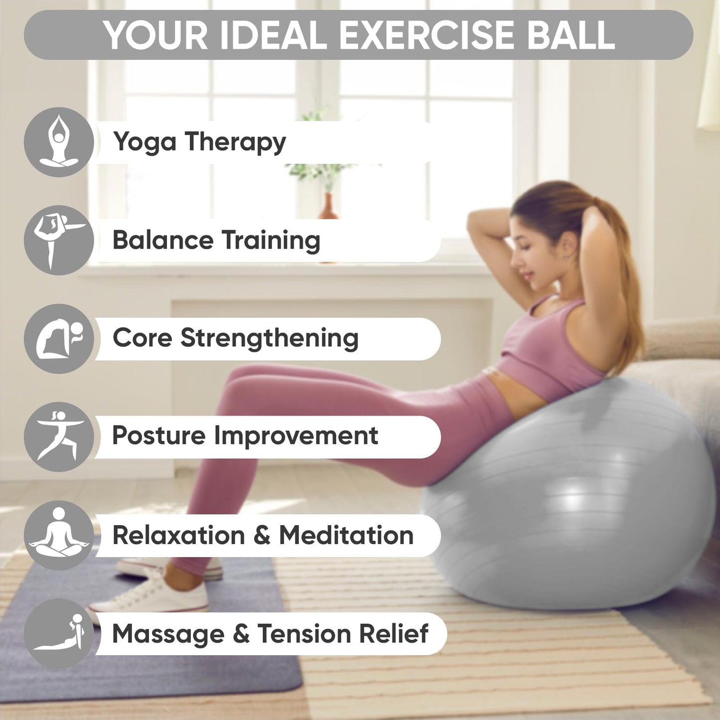 APEXUP Yoga Ball Exercise Ball, Anti Slip Stability Ball Chair, Heavy Duty Large Gym Ball for Fitness, Balance, Core Workout and Physical Therapy (S (15"~18") 45cm, Silver)