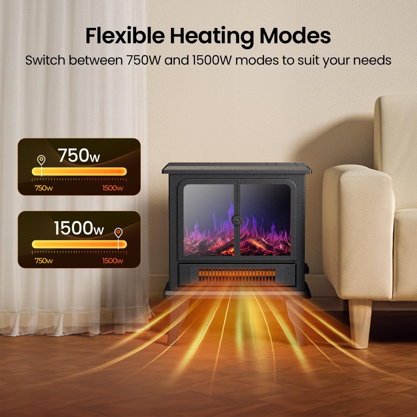 Air Choice Electric Fireplace Heater, 18.9" FreeStanding Fireplace Stove with 3D Flame, 750W/1500W Indoor Space Heater with Overheating Protection, Electric Heating for Living Room, Bedroom